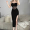 Simple Strap Fitted Lace See Through Slit Dress